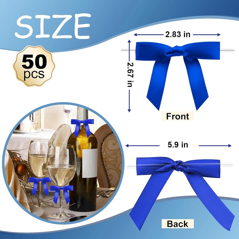 Sokfone 50 Counts Blue Satin Ribbon Bows - Twist Tie Design for Gift Wrapping Treat Bags, Gift Bags, Bridal Shower Decor, Bakery Candy Bags and Package Decorating Ribbon Bow - Image 3